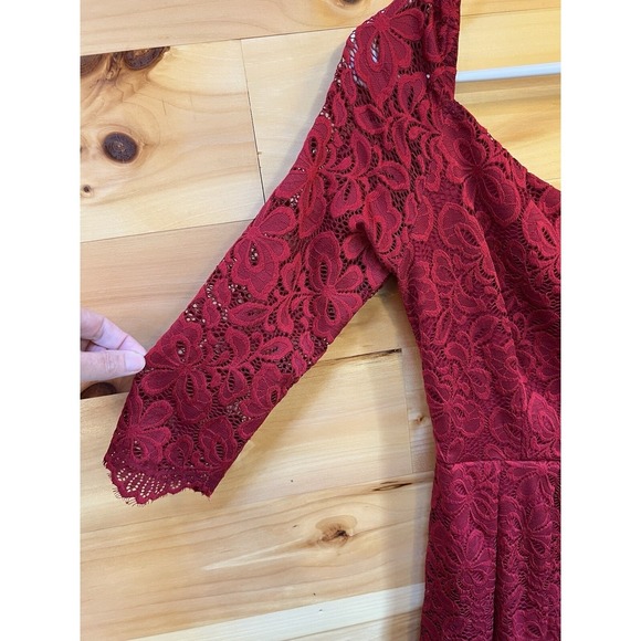 Missmay Retro Gorgeous City Lace Fit Flare Dress Burgundy 3/4 Sleeve V Neck - Picture 8 of 12